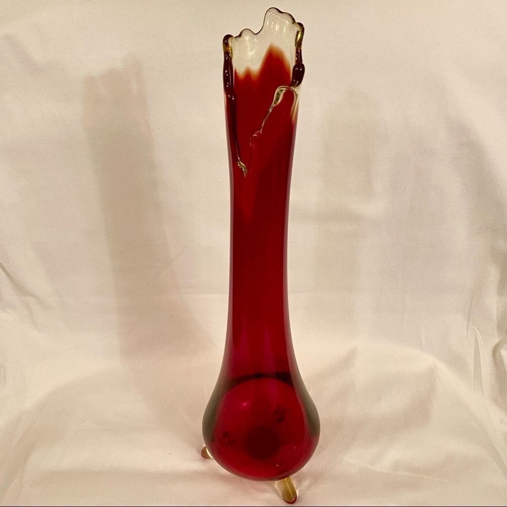 Mid Century L.E. Smith Glass Red Swung Vase Three Footed 13" Tall RARE
